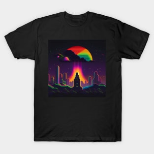 Pixel city and UFO T-Shirt